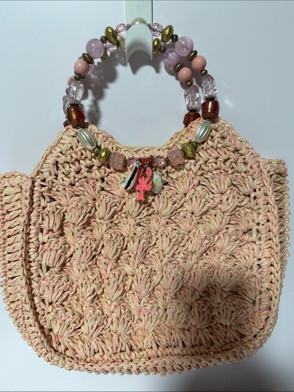 Capelli of New York Pink Crochet Beaded Handle Tote
